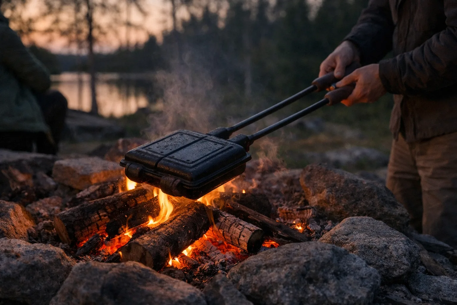 Mackjärn med långa handtag över en öppen eld vid en sjö.