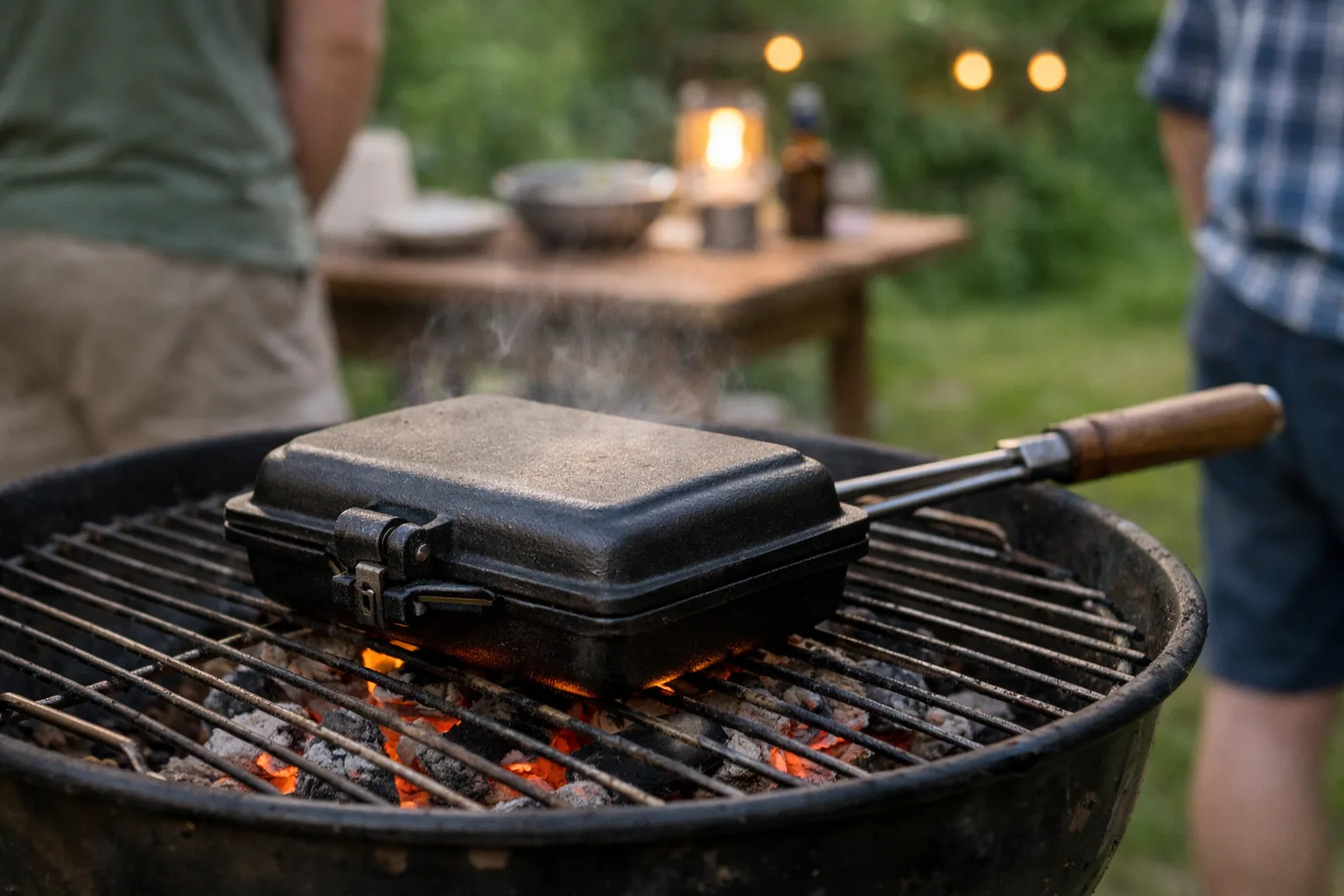 Mackjärn över glöd på en utegrill.