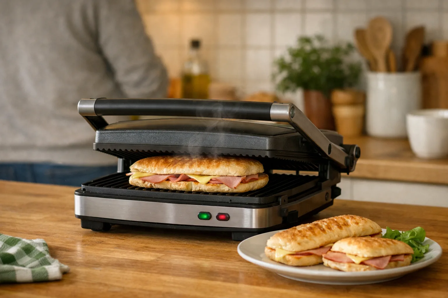 Kontaktgrill med panini på bänken.