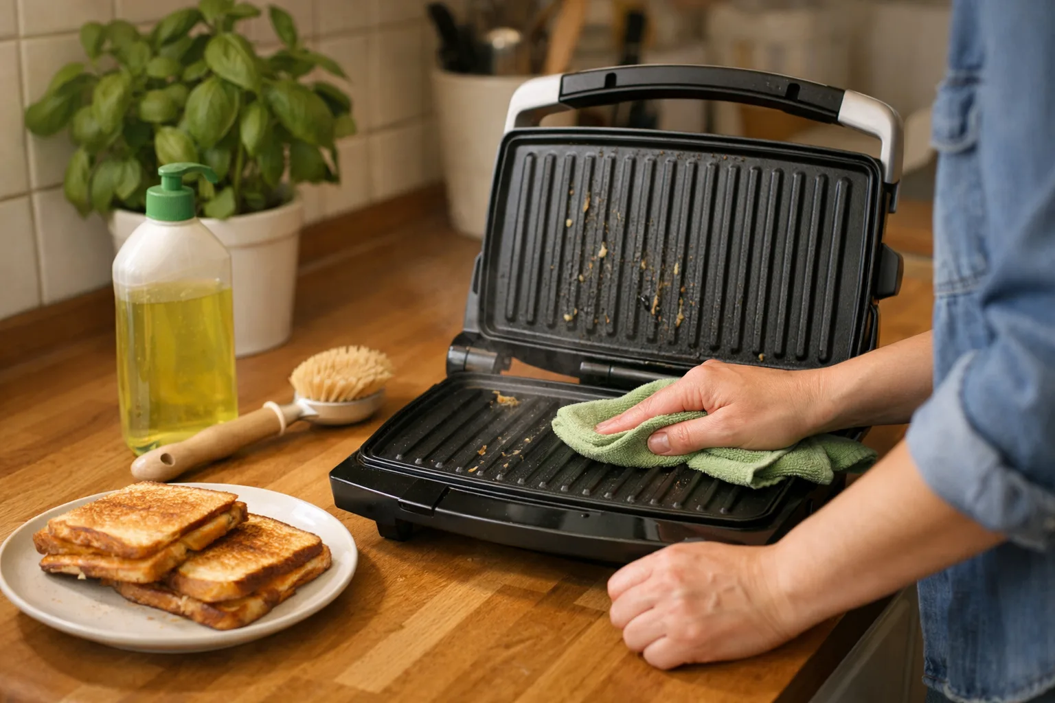 Hand som torkar av plattorna på en öppen smörgåsgrill med en trasa.