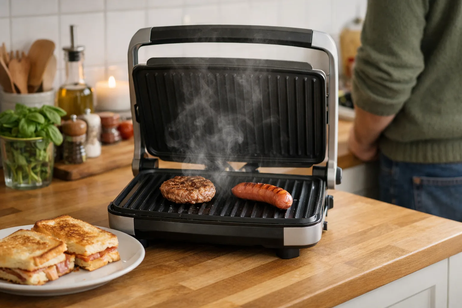 Hamburgare och korv i smörgåsgrill.