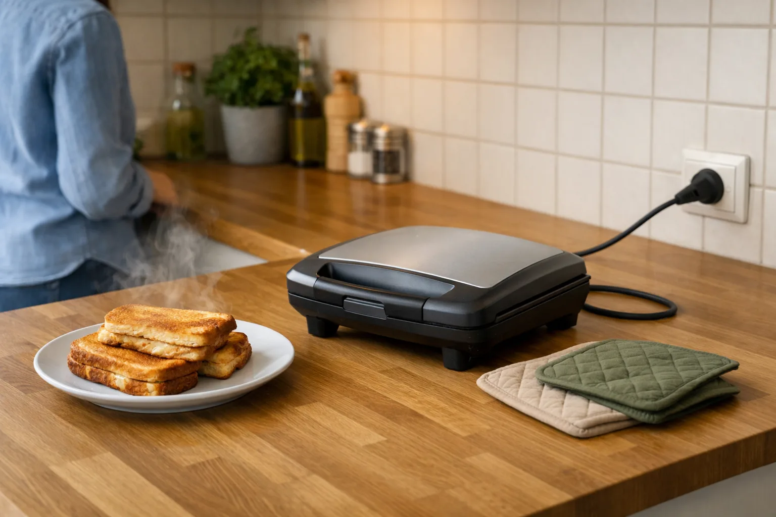 Smörgåsgrill på en bänk med sladden i ett vägguttag och grytlappar bredvid.