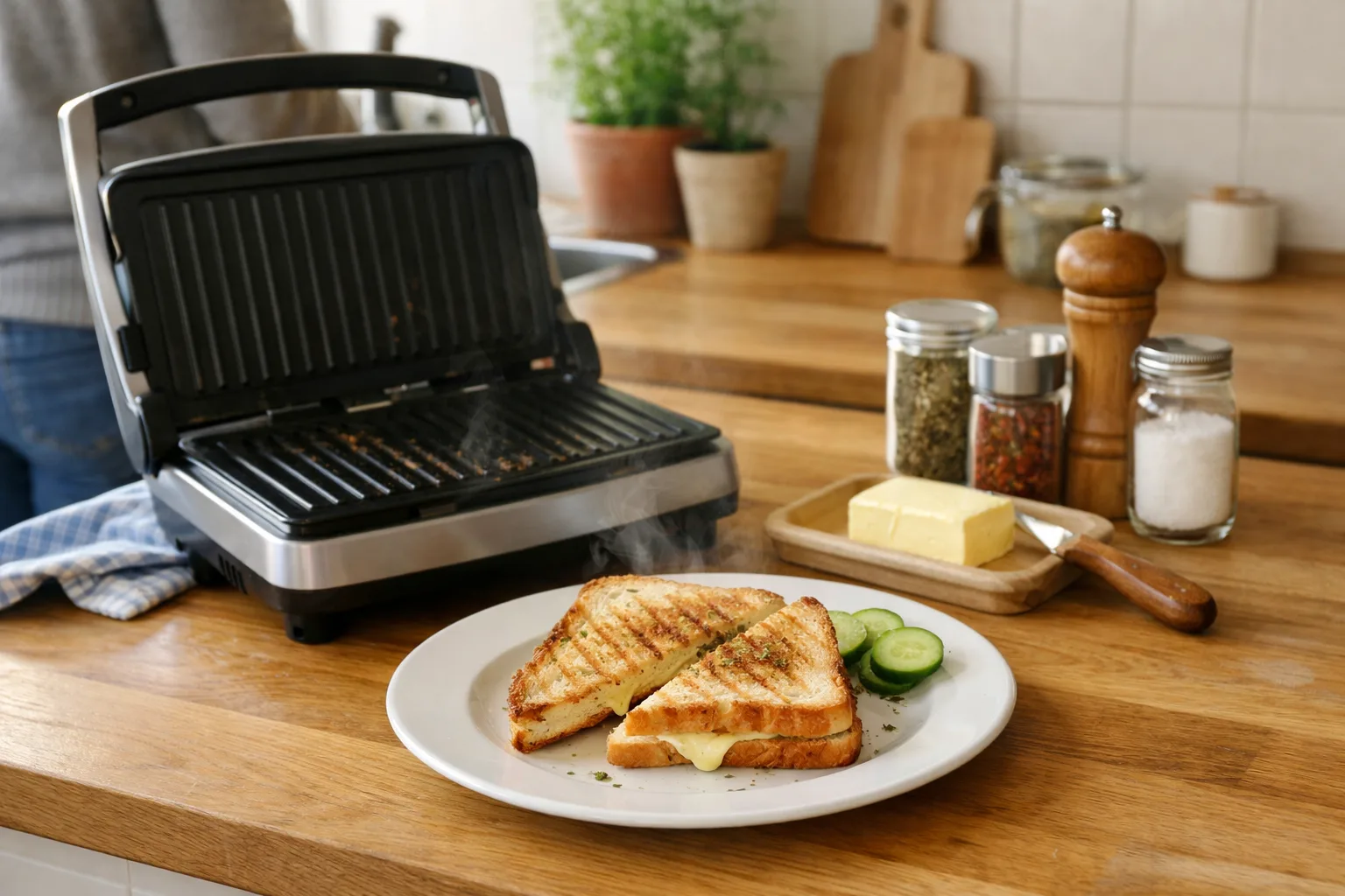 Varma mackor i en smörgåsgrill