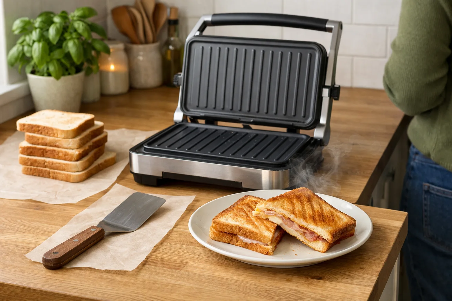 Elektrisk grill med stängt lock och två grillade mackor på en tallrik.