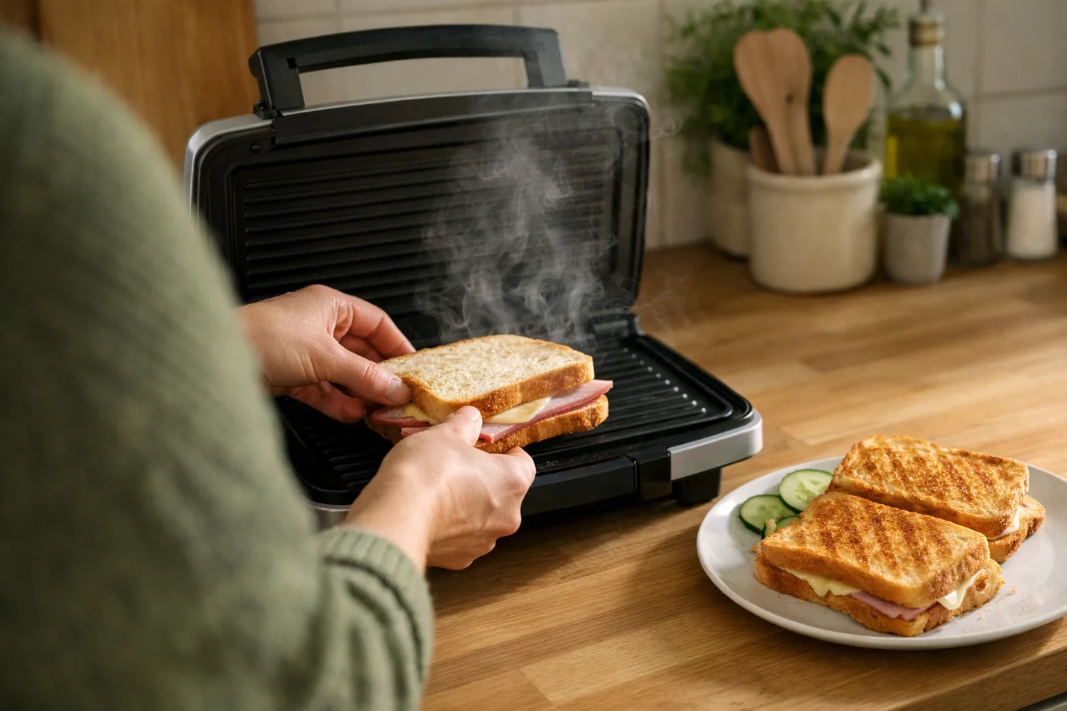 Macka läggs i smörgåsgrill.